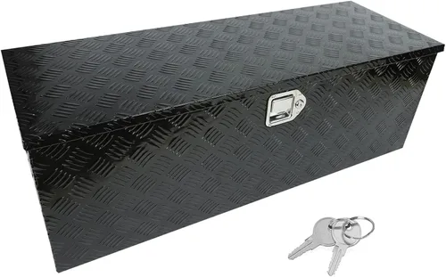 Caja de herramientas de aluminio negro de 44 x 15 x 15 pulgadas con cerradura y llaves, cama de recogida resistente, 5 barras de almacenamiento para