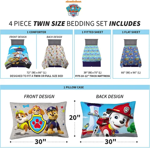 Miniatura 4 de Franco Ropa de Cama para Niños Juego de Edredón y Sábanas Súper Suaves, 4 Piezas Tamaño Individual, Paw Patrol (Los Estampados Pueden Variar)