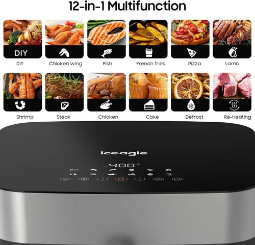 Miniatura 6 de Iceagle Freidora de aire de acero inoxidable de 9 cuartos de galón - Freidora XXL con ventana de visualización grande, elementos de calentamiento