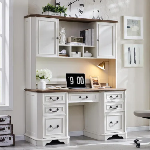 Miniatura 13 de T4TREAM - Escritorio ejecutivo de 59" estilo granja con estante superior, escritorio de madera para oficina en casa, con bandeja para teclado