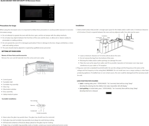 Miniatura 6 de BLACK+DECKER Horno de microondas compacto de encimera de 700 vatios de 0.7 pies cúbicos con iluminación LED, bloqueo para niños Negro