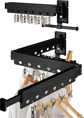 Miniatura 10 de Estante de secado de ropa montado en la pared, estante de secado de ropa plegable, estante de secado plegable retráctil para colgar ropa