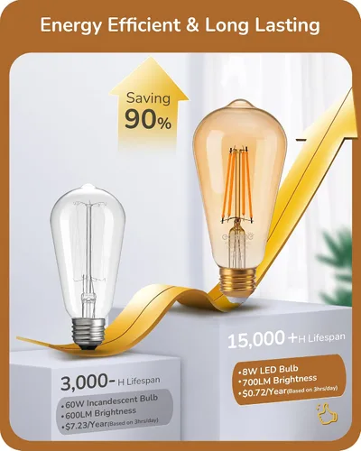 Miniatura 7 de EDISHINE Paquete de 6 Bombillas LED Edison Vintage 8W Equivalente a 60W, ST64 Bombillas LED Regulables, 700LM 2200K Luz Cálida Ámbar E26, Bombillas