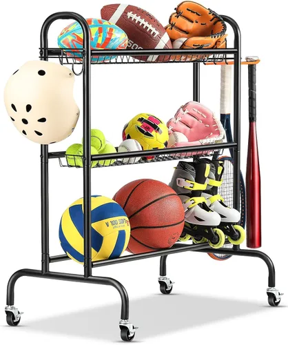 Miniatura 10 de EXTCCT Estante de baloncesto, soporte de entrenamiento de tiro de baloncesto, almacenamiento de equipo deportivo con ruedas, soporte organizador