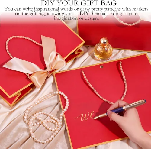 Miniatura 4 de Silkfly 12 bolsas de regalo con asas para dama de honor, 12 x 10 x 4 pulgadas, elegantes bolsas de regalo de bienvenida de boda con lazo para Rojo