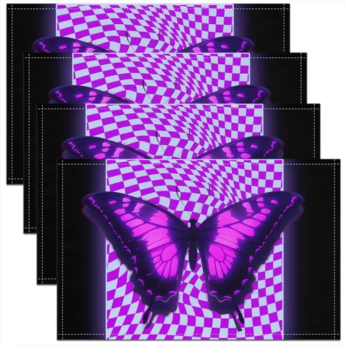 Miniatura 5 de Juego de 4 manteles individuales con diseño de mariposas y animales voladores de noche de ensueño de 12 x 18 pulgadas para mesa de cocina, tapetes