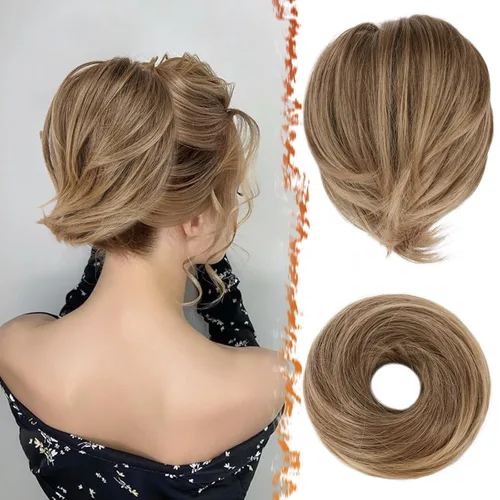 Miniatura 28 de BARSDAR Extensión de cola de caballo y moño de pelo de cobre, extensiones de moño corto sintético liso elástico para mujer, moños desordenados