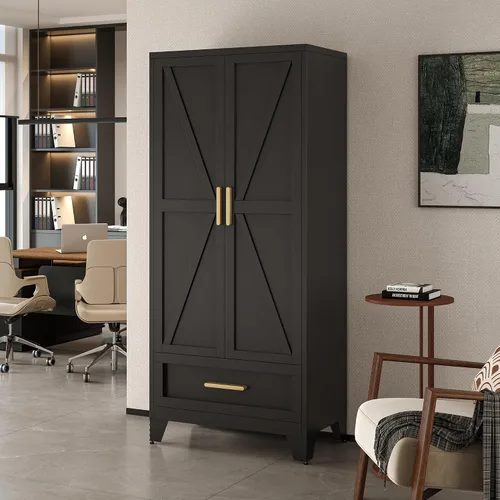 Miniatura 7 de LCAOPC Armario de metal de 71 pulgadas de alto con cajón y barra para colgar, armario de 2 puertas con estante para dormitorio, oficina, lavandería