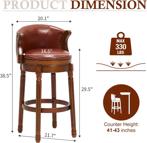 Miniatura 3 de CozyRain Taburetes de bar de madera de goma, taburete de bar tapizado de cuero con respaldo y reposapiés para el hogar, cocina, mostrador, comedor