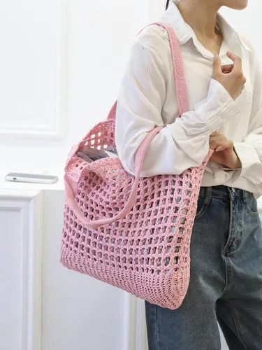 Miniatura 65 de ENBEI Bolsa de playa para mujer, diseño hueco de punto de ganchillo, elegante para la playa, viajes y uso diario