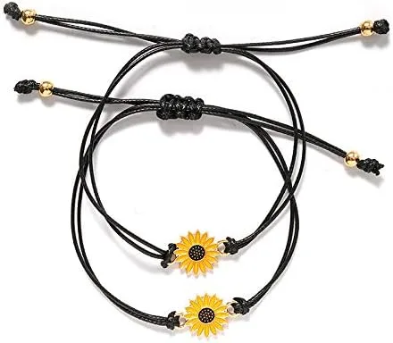 Miniatura 3 de Pulseras de girasol de moda para hombres y mujeres, hechas a mano, trenzadas con cuerda negra, dije de amistad, tarjeta de deseos, surf, joyería