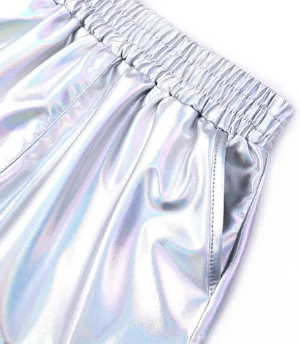 Miniatura 4 de Mirawise Pantalones cortos metálicos para niñas, pantalones brillantes para baile, pantalones cortos con gafas de sol