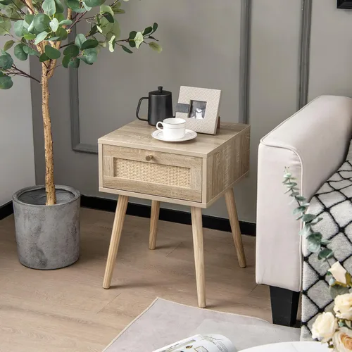 Miniatura 2 de Giantex Mesita de noche de ratán bohemio, mesitas de noche de madera de mediados de siglo con cajón de tejido de ratán, mesita de noche con patas