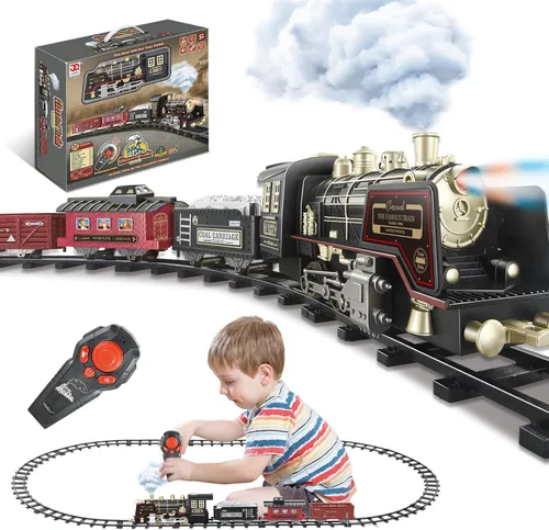Miniatura 9 de JQ JUQU Juego de tren eléctrico de control remoto con vapor real, luces y sonido, tren de juguete para niños de 3 a 8 años con pistas completas