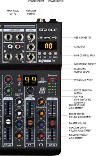 Miniatura 7 de Mezclador de audio profesional de metal de 6 canales con BT, interfaz de audio, consola de mezcla de tablero de sonido, efecto de reverberación DSP