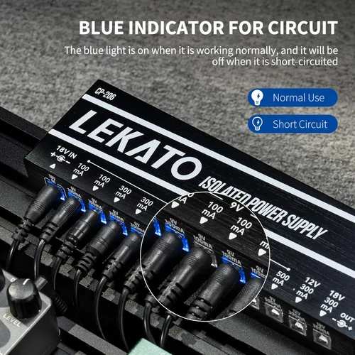 Miniatura 4 de LEKATO Fuente de alimentación para pedal de guitarra, fuente de alimentación aislada de 12 puertos, salida CC 9V/12V/18V, 100mA a 500mA para pedales