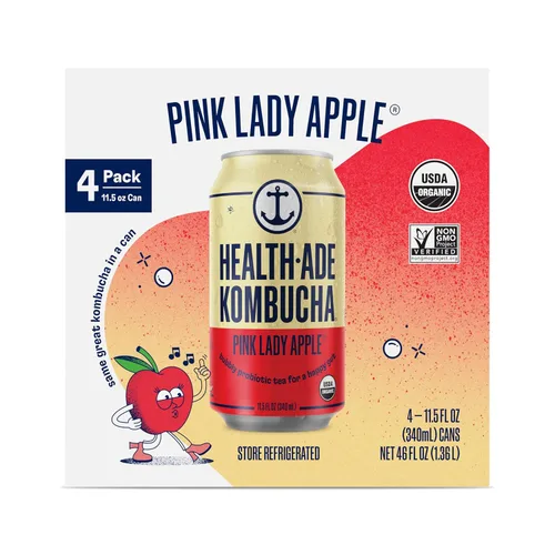 Health Ade, Kombucha Apple Pink Lady Can paquete de 4 unidades, orgánico, 46 onzas líquidas