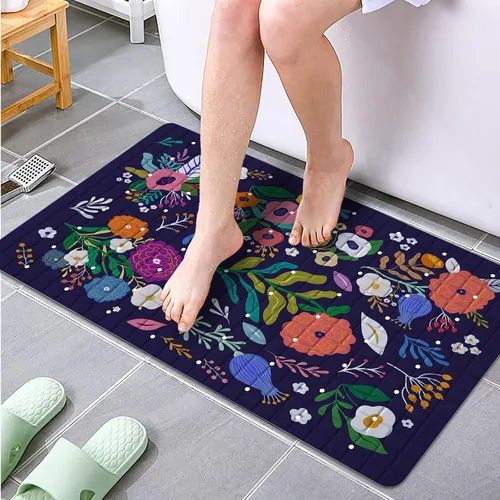 Miniatura 5 de Tapete de baño floral bohemio morado antideslizante con flores abstractas para ducha, tapete de baño botánico para bañera con ventosas y agujeros