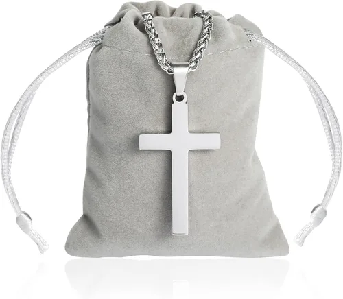 Miniatura 6 de RS Collar de cruz para hombres, niños y mujeres, de 16 a 24 pulgadas, cadena colgante de cruz de acero inoxidable, regalo religioso, Acero