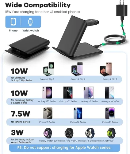 Miniatura 3 de Cargador inalámbrico rápido para Samsung Z Flip - Estación de carga de viaje plegable 2 en 1, compatible con Samsung Galaxy Z Flip 7/6/5/4 Series