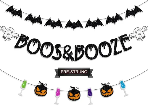 Pancarta Pre-Ensartada de Boos y Bebidas Alcohólicas, Decoraciones de Halloween, Pancarta de Fantasma Murciélago Brujas para Decoración de Fiesta de