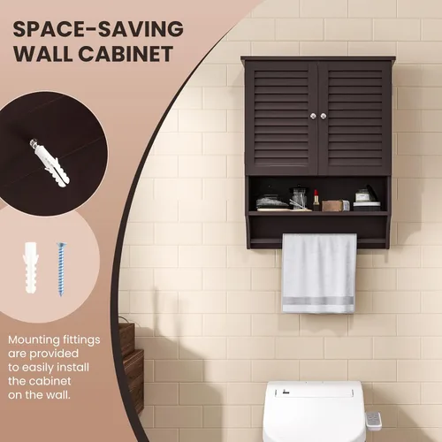 Miniatura 8 de Tangkula Armario de baño montado en la pared con estante abierto y barra, botiquín con puertas de doble rejilla, estante ajustable, armario