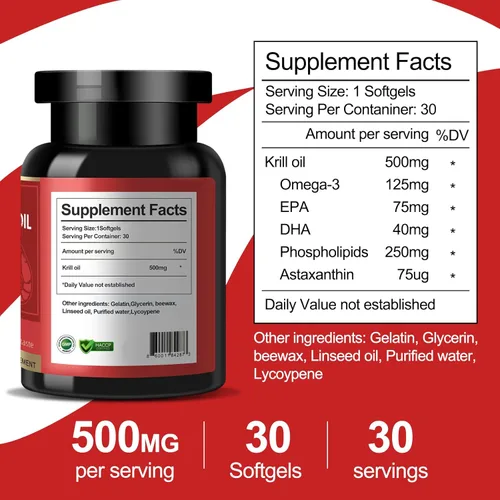 Miniatura 5 de Aceite de krill antártico – Aceite de krill omega 3 capturado en la naturaleza, 500 mg con EPA, DHA, astaxantina y fosfolípidos – Cerebro, corazón