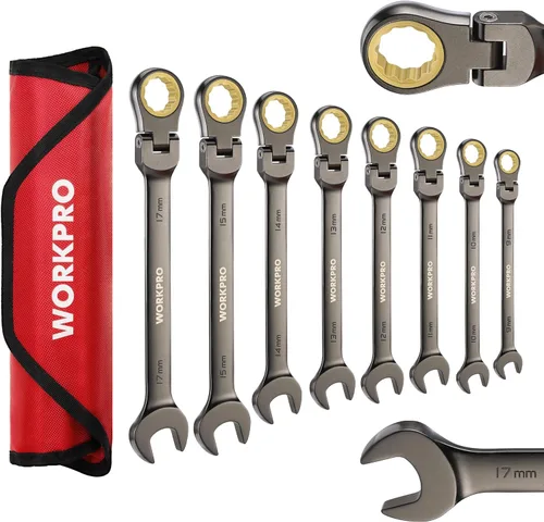 WORKPRO Juego de llaves combinadas de trinquete de cabeza flexible de 8 piezas, métricas 0.354-0.669 in, 72 dientes, construcción Cr-V, niquelado