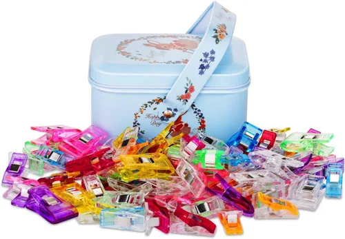 CampTek Paquete de 100 clips de tela para coser con caja de estaño, nociones de costura para coser suministros de acolchado, accesorios de