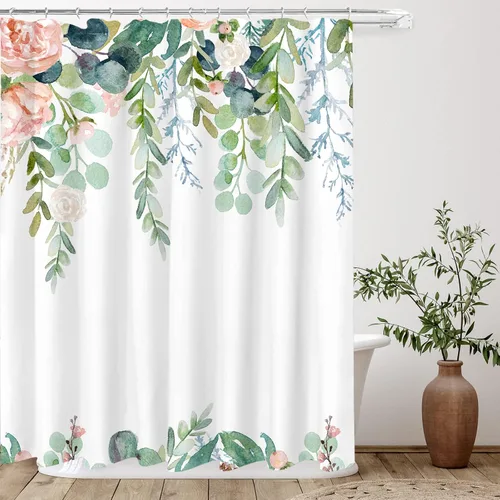 Miniatura 18 de Tititex Blomming - Cortina de ducha floral blanca brillante, hojas verdes acuarela en la parte superior, decoración de baño de planta