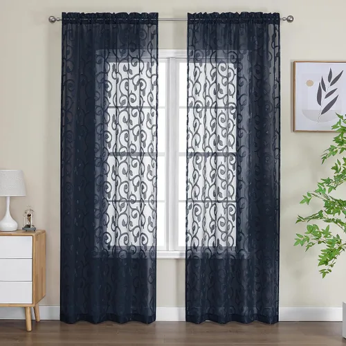 Miniatura 54 de OWENIE Furman - Juego de 2 paneles de cortinas traslúcidas negras de 24 pulgadas de largo, cortinas semitransparentes de jacquard ligeras y aireadas