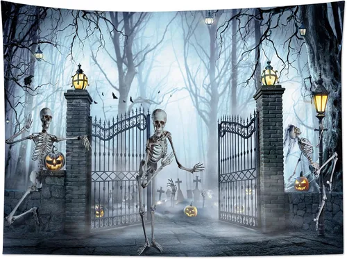 Miniatura 5 de HVEST Tapiz de Halloween para colgar en la pared, esqueleto de terror, cráneo, cementerio, calabaza, farol, bosque muerto, tapiz nocturno
