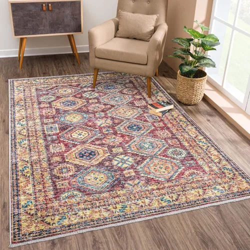 Bloom Rugs Alfombra tradicional oriental lavable de 2 x 3 pies, color rojo oscuro/multicolor, para sala de estar, dormitorio, comedor y cocina,