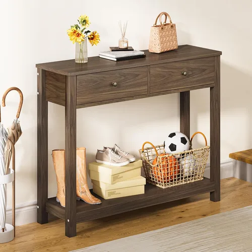 Miniatura 7 de Gizoon - Mesa de consola con 2 cajones, mesa de entrada de 2 niveles de madera con estantes de almacenamiento, mesa de sofá de 39" de ancho