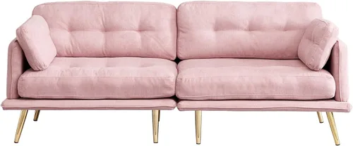 Miniatura 7 de Anwick Sofá biplaza moderno de tela de lino tapizado de 3 plazas con patas de metal y almohada para sala de estar, dormitorio, apartamento, Rosado