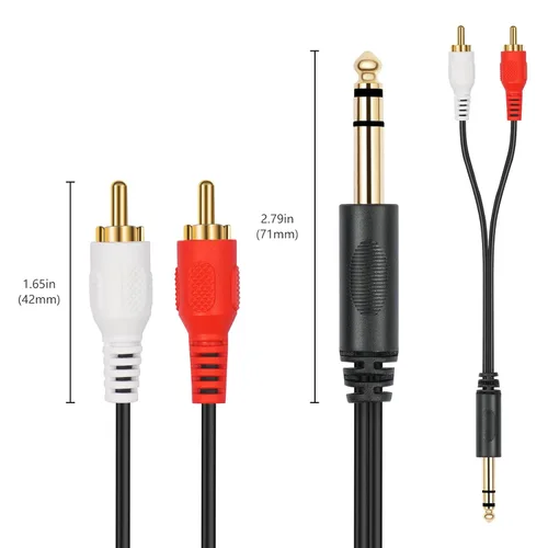 Miniatura 3 de Conector estéreo TRS macho chapado en oro de 0.250 in 1/4 pulgadas a 2 RCA Phono macho Audio Y Splitter Cable, conector de cable (4.9 ft)
