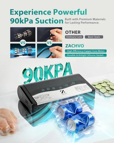 Miniatura 3 de 90kPa - Sellador al vacío 10 en 1 para alimentos, doble sellado térmico para porciones de carne a granel, modos secos y húmedos, cortador integrado