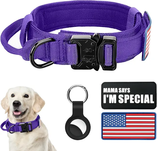 Miniatura 19 de Collar táctico militar para perro, nailon ajustable, hebilla de metal resistente con asa para entrenamiento, parches (verde, XL)