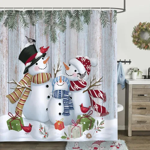 Bonhause - Cortina de ducha navideña, linda decoración rústica de invierno para el baño con diseño de muñeco de nieve familiar, 183 x 183 cm, tela