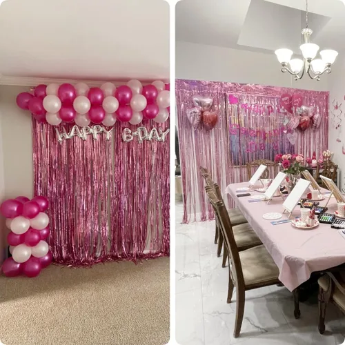 Miniatura 6 de Paquete de 2 telón de fondo metálico con flecos de papel de aluminio de 3.2 x 8.3 pies, cortina de ventana de puerta de oropel metálico, accesorios