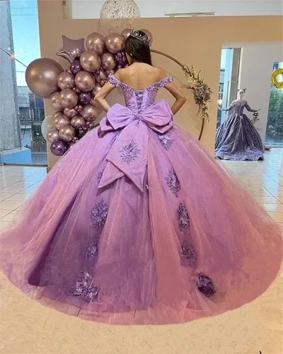 Miniatura 3 de Youjiayi Vestidos de quinceañera con hombros descubiertos, vestido de baile floral 3D Sweet 15 16, vestidos hinchados de graduación con tren YJY77