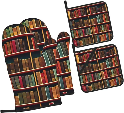 Miniatura 2 de Library - Juego de guantes y salvamanteles antideslizantes y aislamiento térmico, impermeable, para hornear a la parrilla
