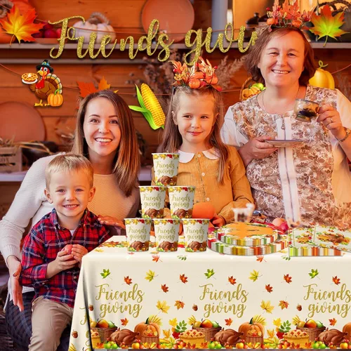 Miniatura 5 de Decoraciones de fiesta de Acción de Gracias para amigos, 142 piezas de vajilla de otoño incluye platos de papel, mantel, tazas. Decoraciones