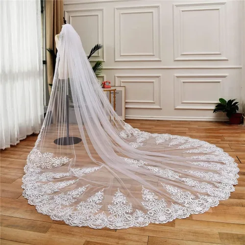 Miniatura 3 de Zhangyo Velo de novia de tul suave con peine de encaje largo velo catedral nupcial 9.8 ft gota velo pelo peine para novias CXL062