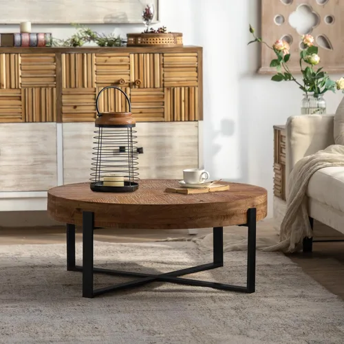 Mesa de café redonda moderna retro con empalmes de 31.29", tablero de madera de abeto con base de patas cruzadas negras Negro (31.1 in)