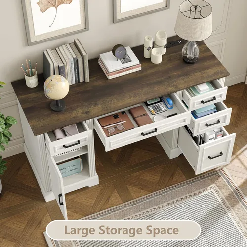 Miniatura 5 de Furniouse Escritorio ejecutivo de 58 pulgadas, escritorio para computadora de granja con cajones y gabinete con estación de carga, escritorio