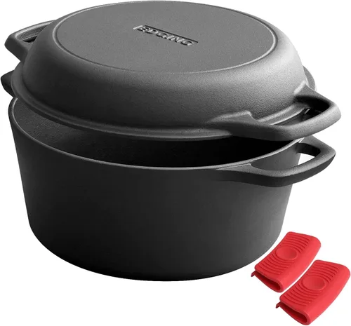 EDGING CASTING Olla holandesa de hierro fundido pre-curada 2 en 1 con tapa de sartén para cocinar, juego de sartenes de hierro fundido con asas