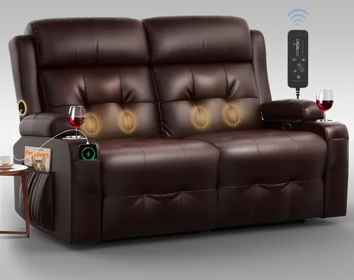 Sofá reclinable manual de dos plazas, sofá reclinable de pared con masaje, puertos USB y tipo C, almacenamiento, portavasos, sofá RV para sala de