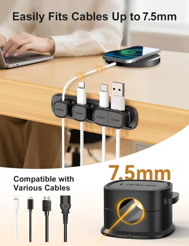 Miniatura 7 de Paquete de 6 clips magnéticos para cables [apertura/bloqueo en 1s], organizador y sujetador de cables Laitver con adhesivo fuerte para escritorio