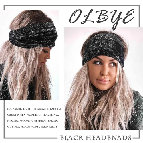 Miniatura 4 de Olbye Diademas anchas para mujer, diadema bohemia anudada, bandas elásticas antideslizantes para el cabello, diademas florales africanas, bandas